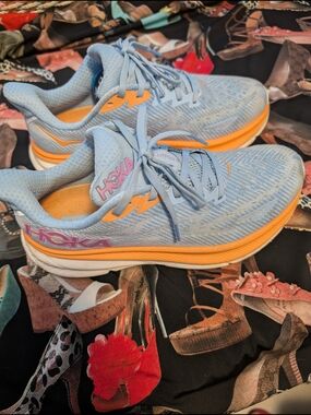 HOKA Clifton Women's Running Shoes - Light Blue with Orange